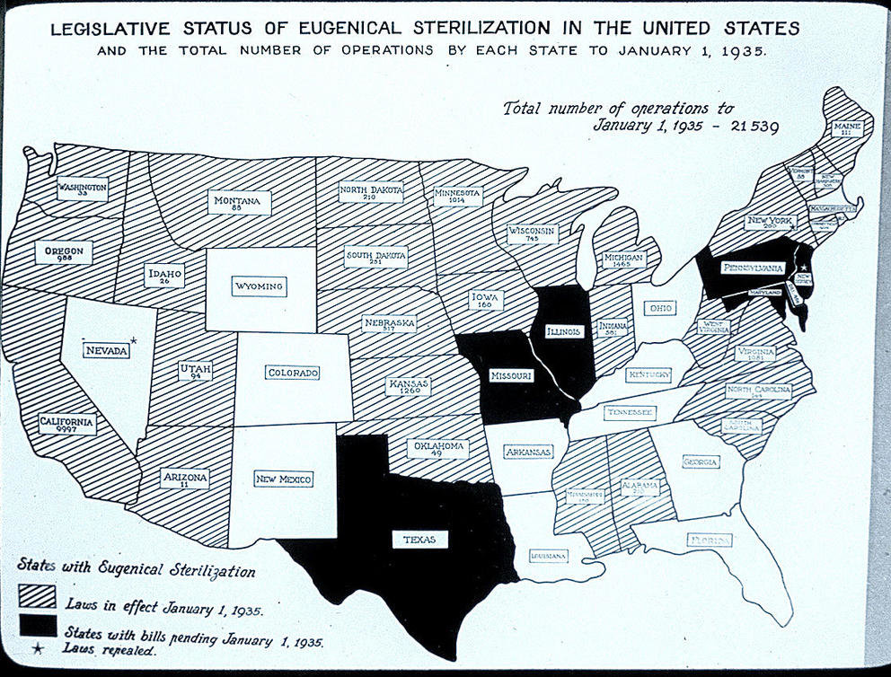 A map from 1935 shows how far and wide Eugenics laws had permeated state governments.