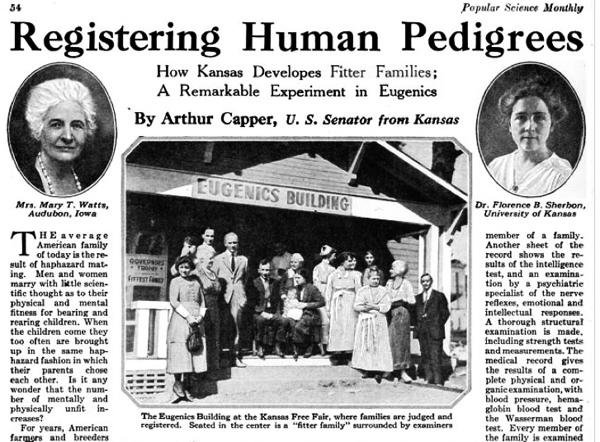 An article from Popular Science Monthly in 1923 celebrates efforts in Kansas to advance eugenics. For much of the early 20th century, eugenics was promoted as an altruistic pursuit of the sciences but was later debunked for being based on stereotypes and racism.