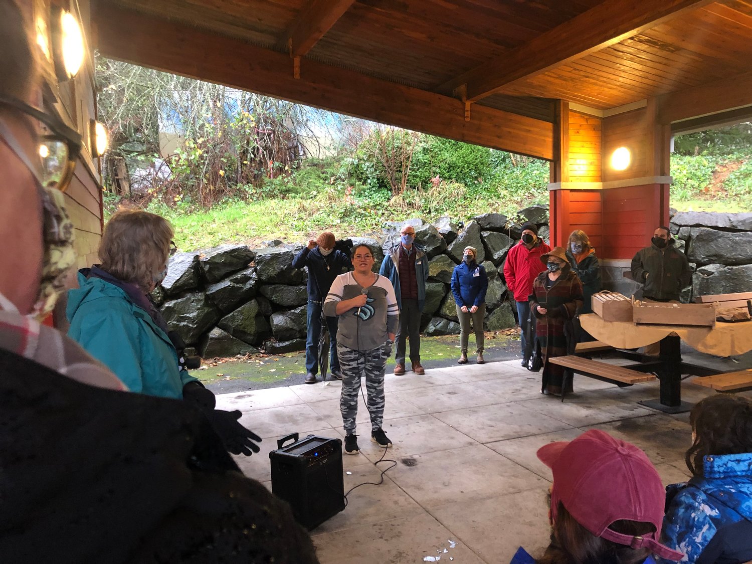 Carver Andrea Wilbur-Sigo talked about her family, her tribe and the story behind the Unity pole carvings at the dedication ceremony on Sat., Dec. 11, 2021.
