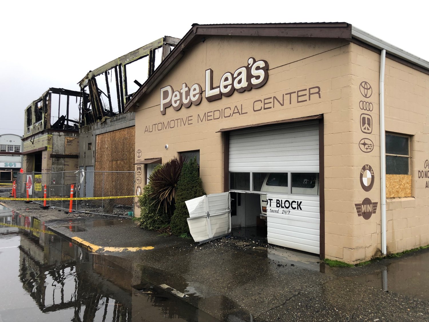 The building that houses Pete Lea's Automotive Medical Center was significantly damaged starting at the roof.