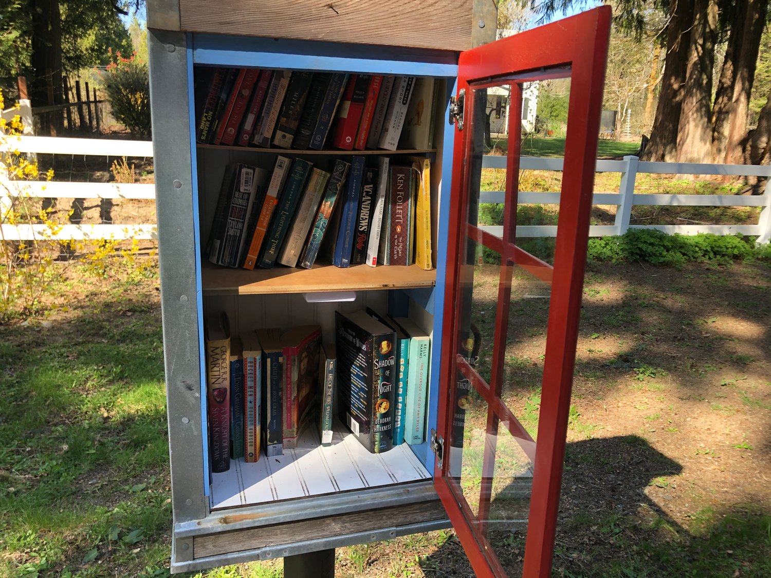 The close-up of the little library reveals the book titles.