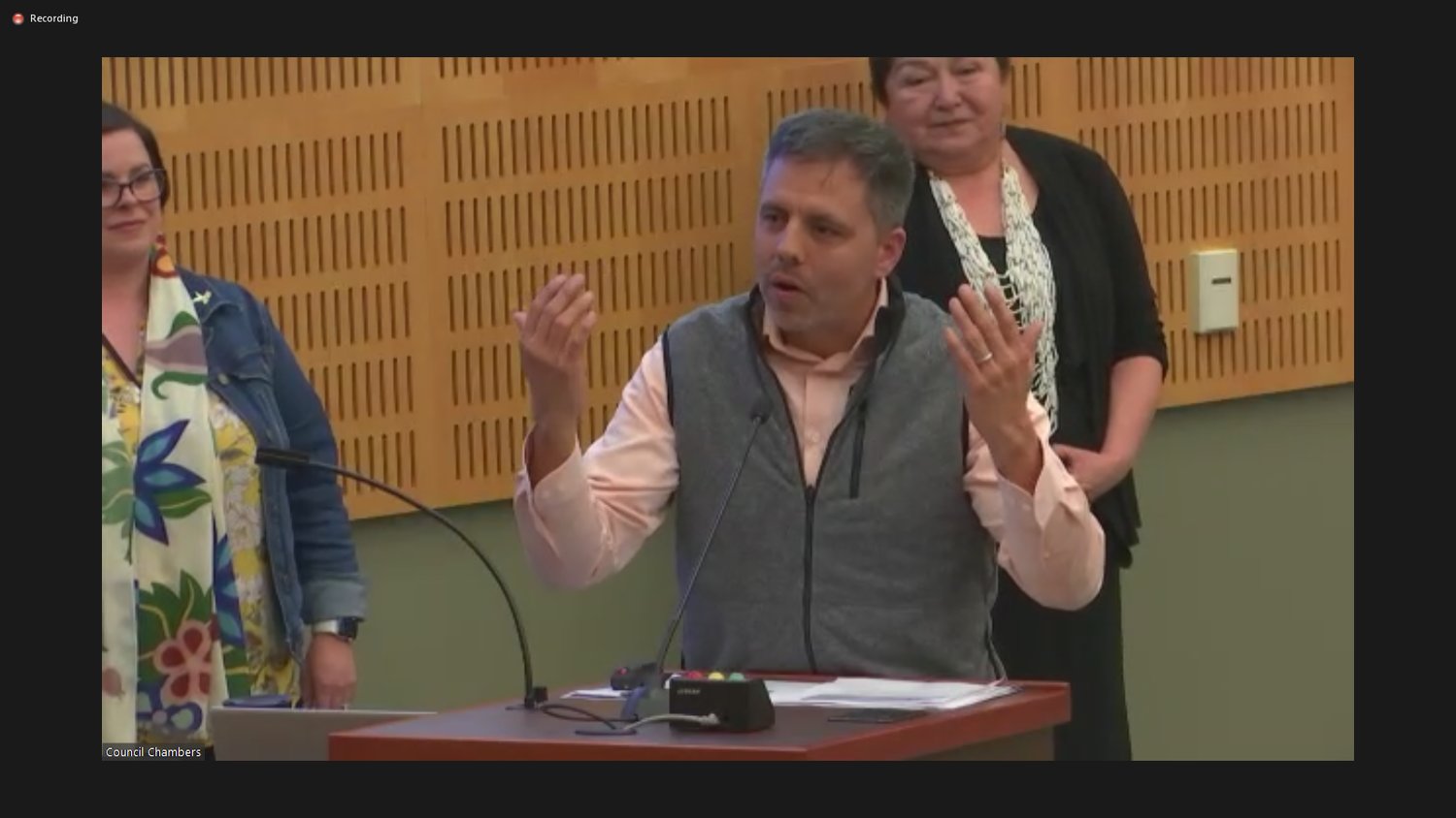 Squaxin Island Tribe Council Chairman Kris Peters shows gratitude to the city council by holding his hands up, a norm for indigenous people to express appreciation. The Olympia City Council on Monday approved the renaming of Priest Point Park to Squaxin Park.