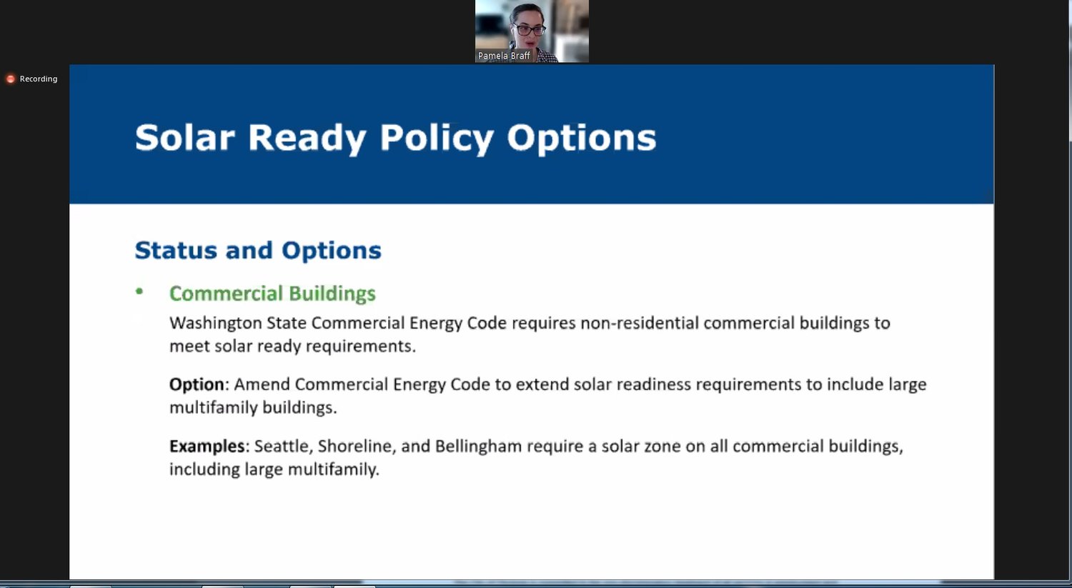 Olympia Climate Program manager Dr. Pamela Braff discussed Washington State Commercial Energy Code that requires non-residential commercial buildings to meet solar-ready requirements during the Land Use and Environment Committee meeting on Thursday, June 16.