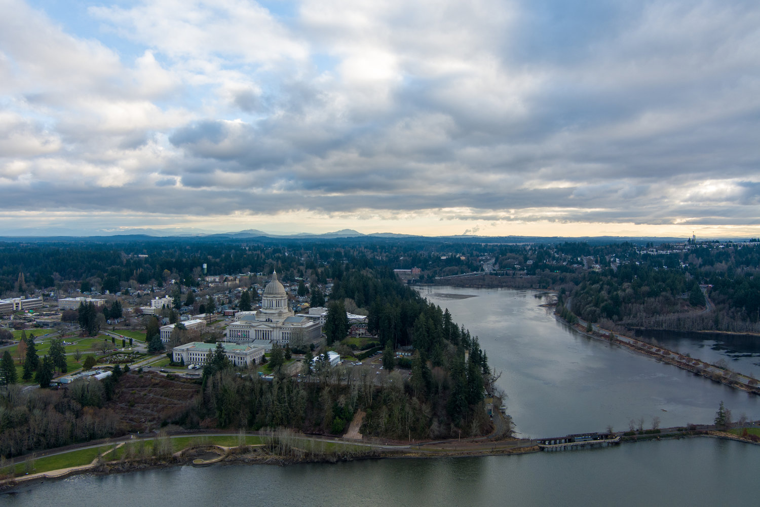 Capitol Lake, shown from the north, in December 2022. The lake extends from Fifth Avenue in downtown south to Tumwater Historical Park, where it is fed by the Deschutes River.