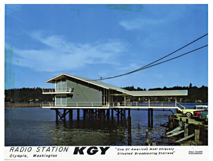 This is a postcard of KGY in Olympia, Washington, “One of America’s most uniquely situated broadcasting stations.” Look carefully and you will see Dick’s yellow 1957 Chevy.