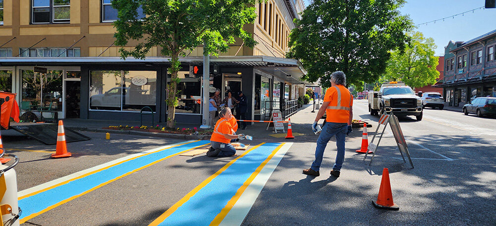 Olympia is painting its crosswalks at 5th Avenue and Washington Street in the Transgender Flag's colors.