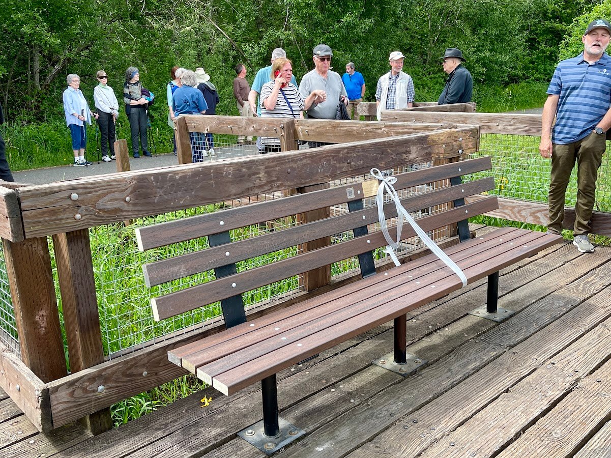 Bench honoring Bronka at the Chambers Lake Overlook, Chehalis Western Trail, Lacey, Washington, installed by Brent Murphy and Ed.