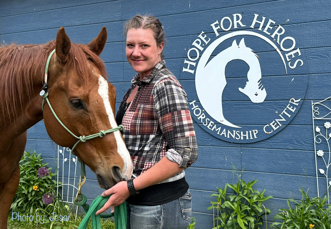 Caitlin Salvestrin with Copper, a beloved thoroughbred. When asked about her motivation, “I do this because I see so much pain in the world, and having come out the other side of my own, I just want to bring whatever small light I can.” May 24, 2023.