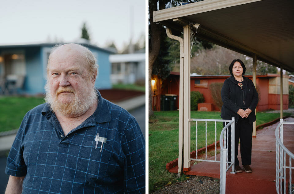 Left: Ken Clark, a resident and organizer at the Western Plaza senior living and mobile home community. Right: Kyle Taylor Lucas, a nearly 30-year resident at the Western Plaza Senior Mobile Home Park, has been instrumental in organizing tenants to fight back against their new landlord, Legacy Communities LLC, and the upping of rent at unsustainable rates. (Grant Hindsley for Crosscut)